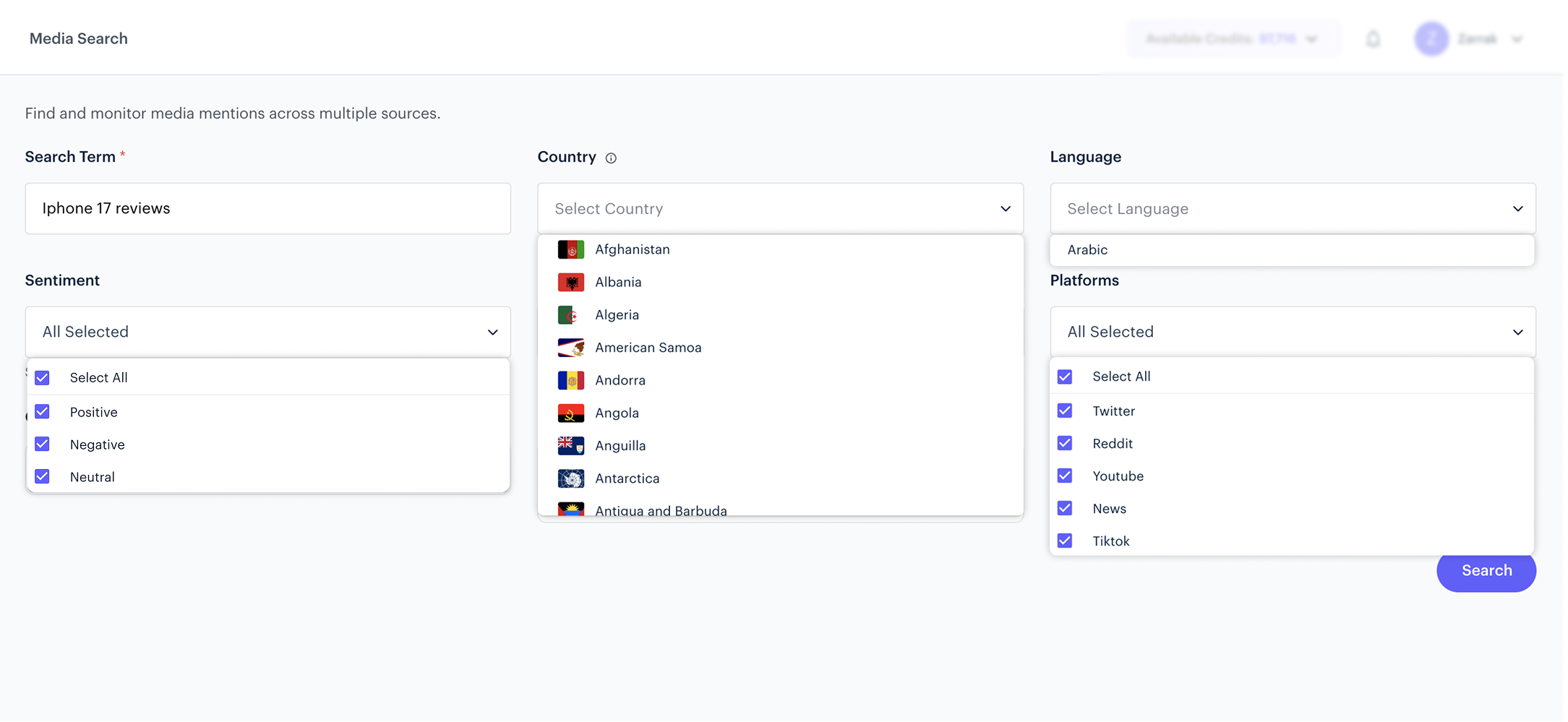 And choose the country and language of the mentions.