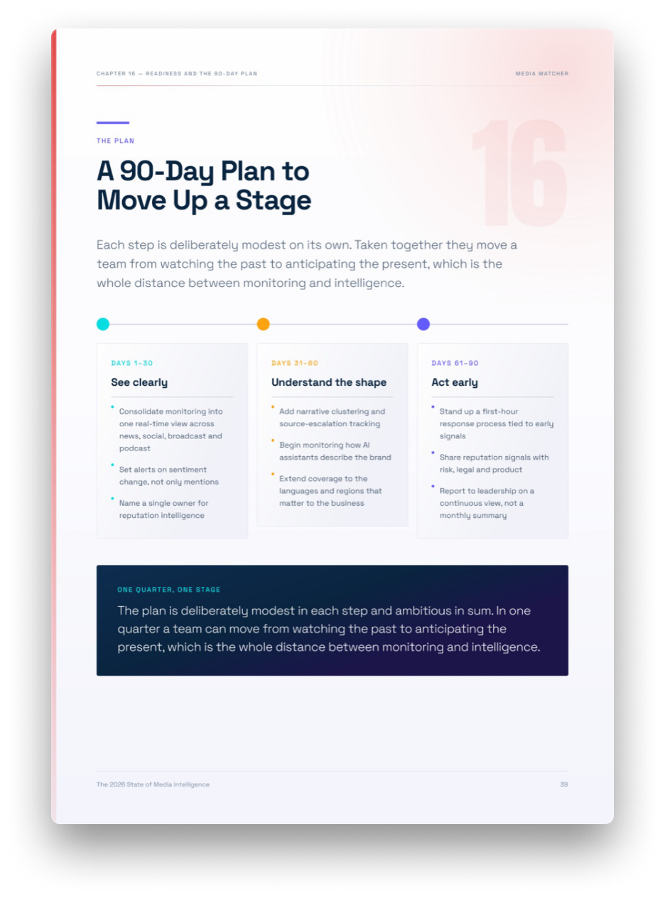Report spread showing the 90-day plan to move up a stage